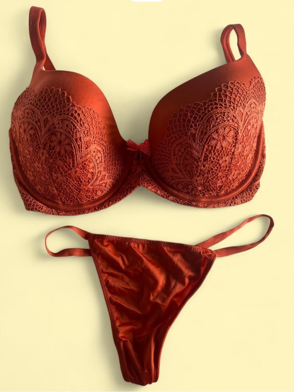 Victoria's Secret Lace-Embellished Bra & Thong Set in Deep Rust